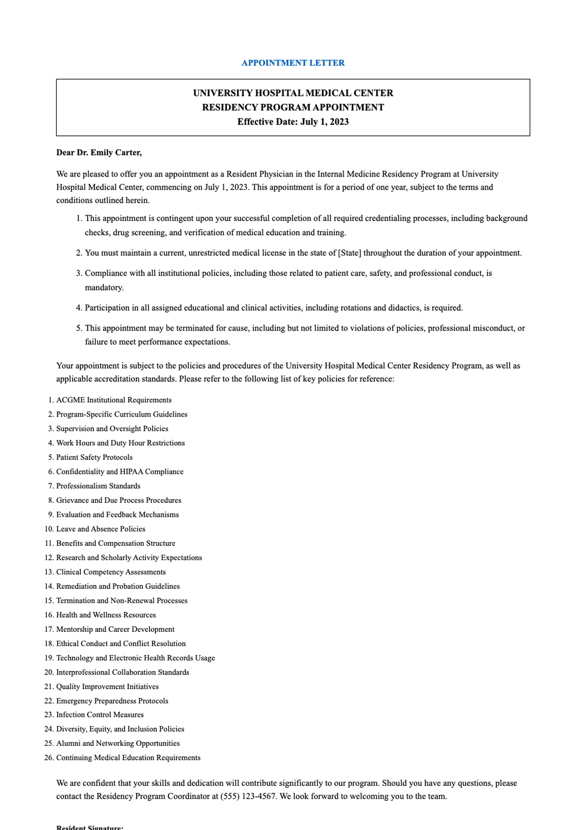 Pharmacy residency appointment letter example with policy list and signature lines_variant_1